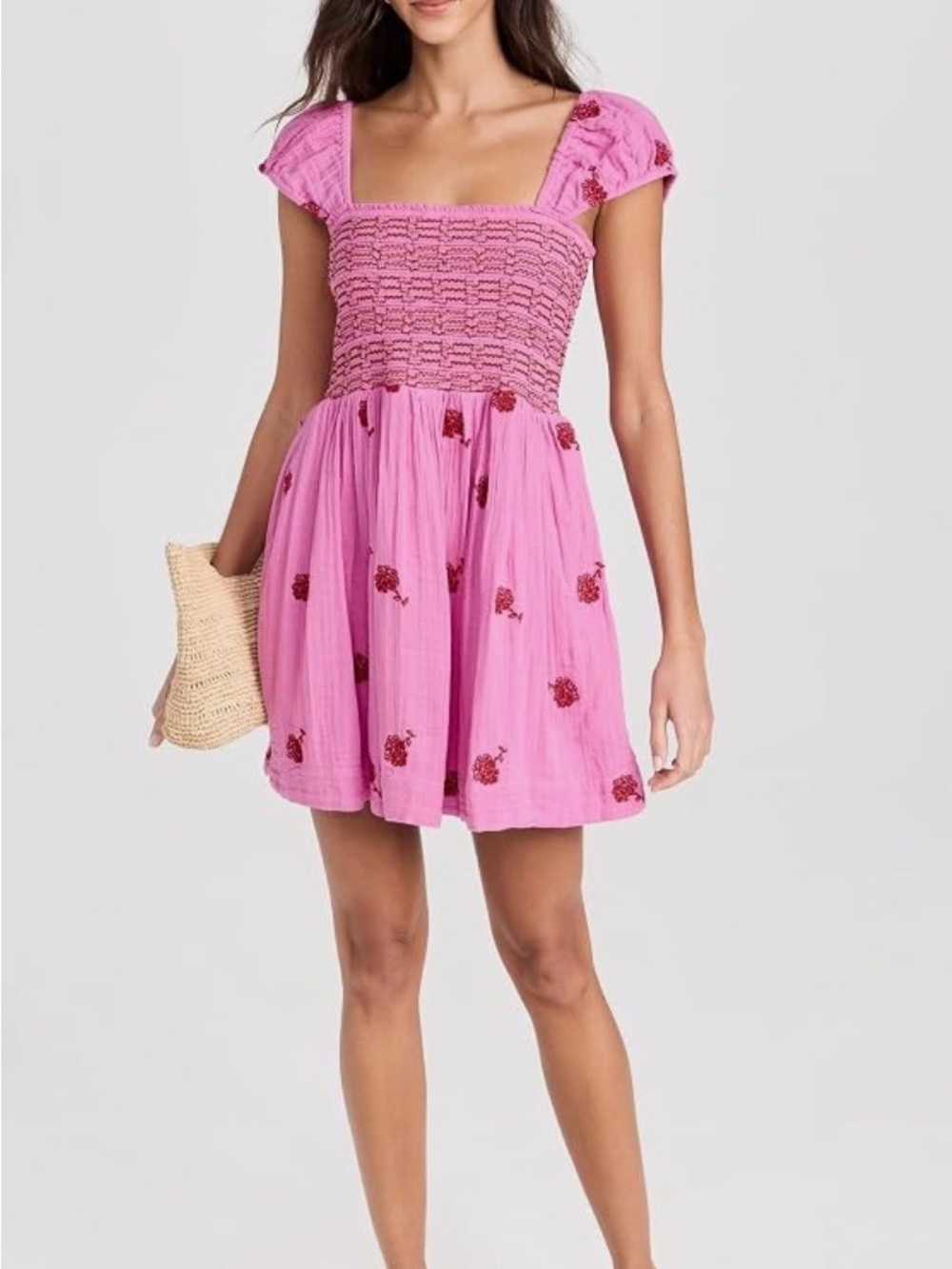 Free People Pink Mini Dress with Red Floral Embroidery